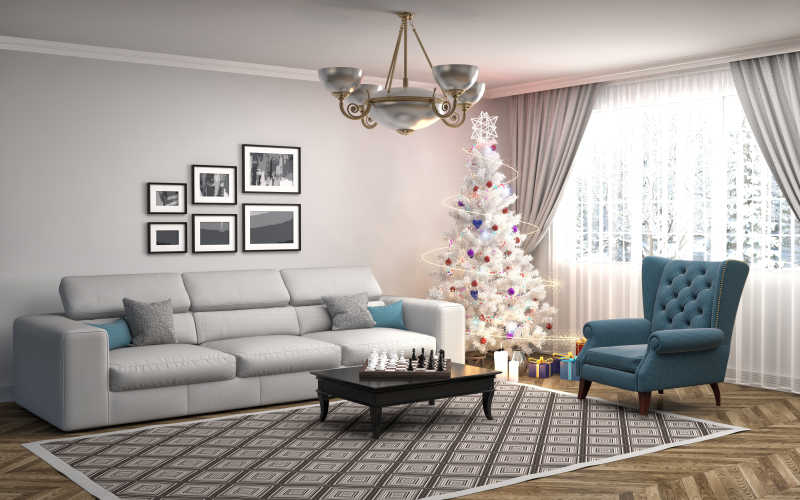 放置在客厅的白色圣诞树