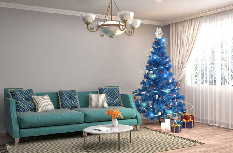 客厅角落里的蓝色圣诞树