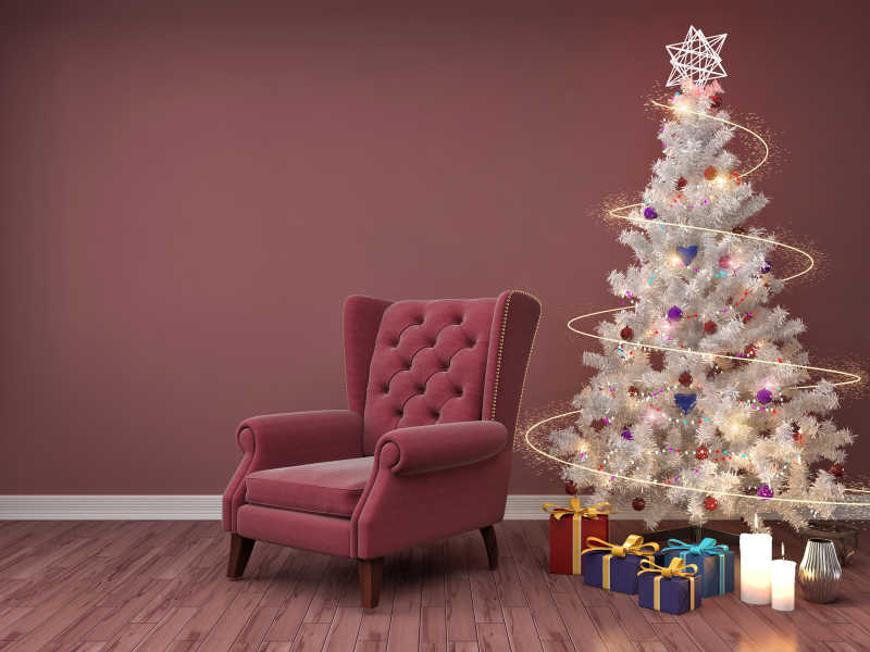 白色圣诞树装饰的温馨客厅