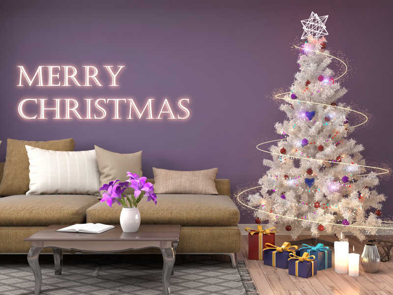 客厅里漂亮的白色圣诞树