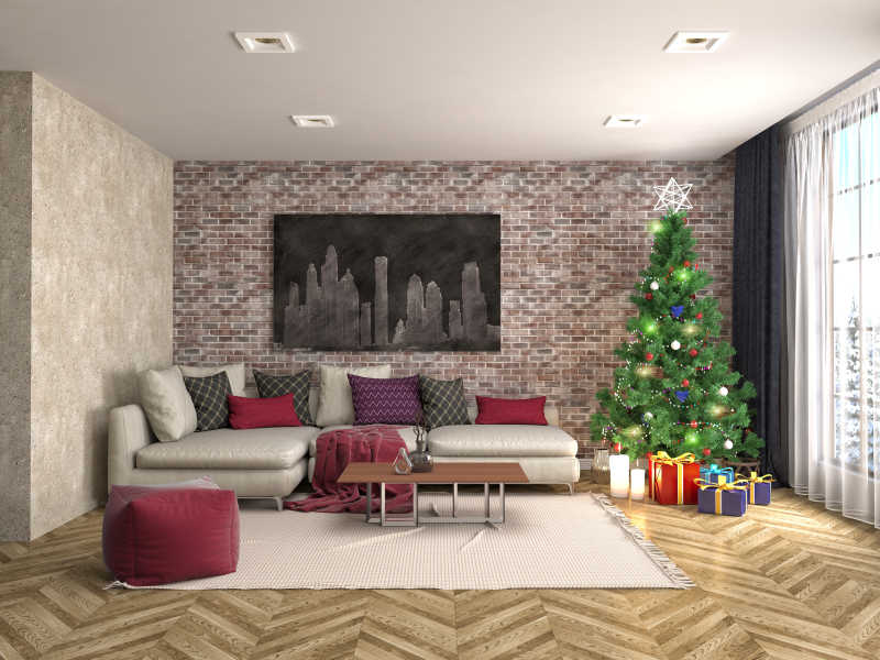 欧式客厅里的漂亮圣诞树