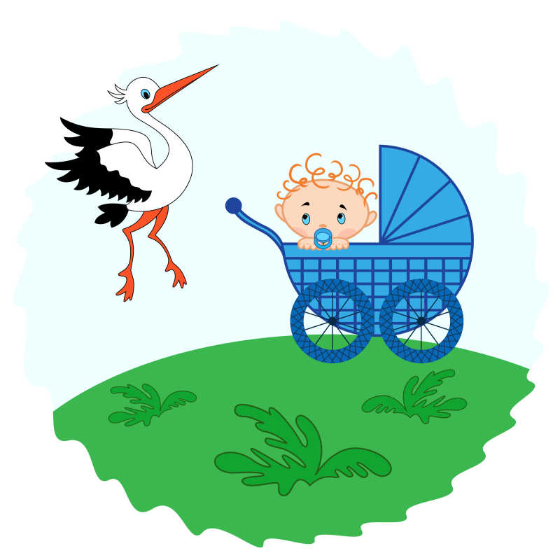 草地上婴儿车里的婴儿和一只白鹤手绘插图