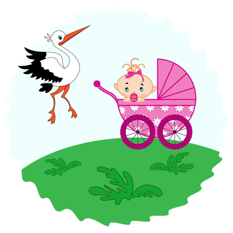 草地上粉红色婴儿车里的婴儿和旁边的白鹤手绘插图