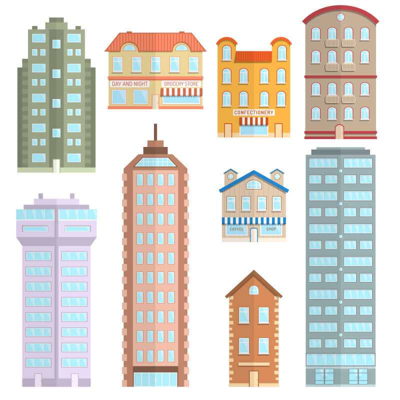 住宅公寓和城市建筑矢量插图