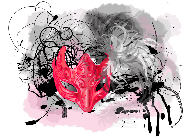 抽象背景下的红色羽毛面具矢量插画