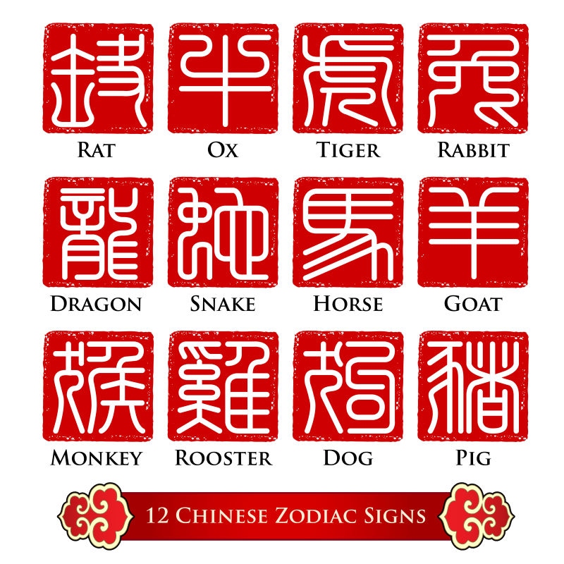 传统印章风格的矢量十二生肖标志设计