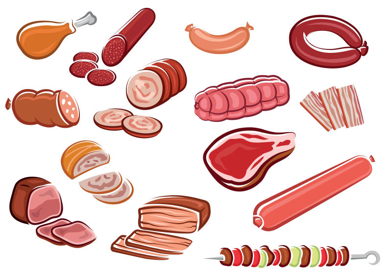 不同种类的肉类食品矢量插画