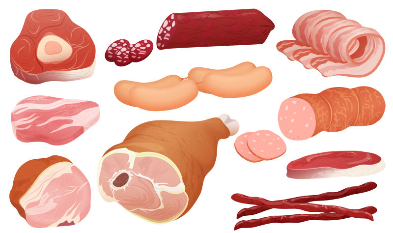 各式各样的肉类食品矢量插画