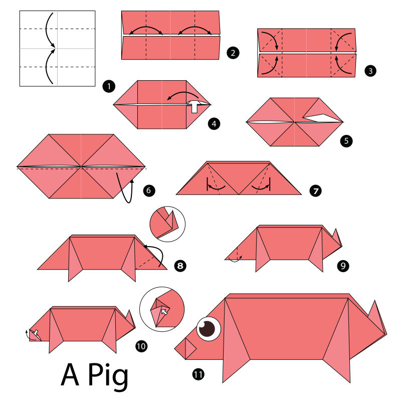 折纸猪步骤的矢量图解