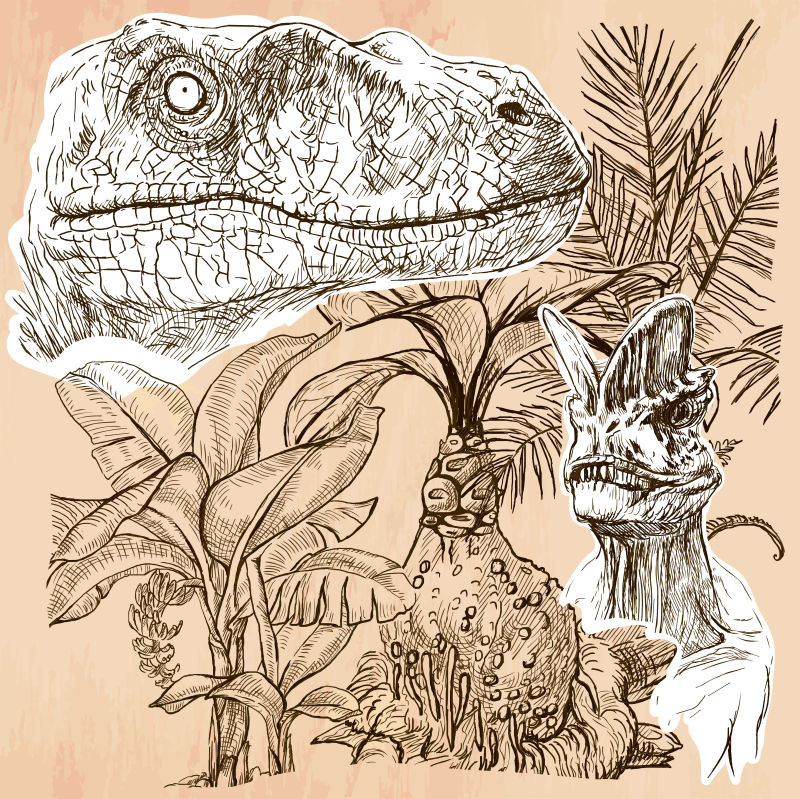 热带丛林背景下的肉食恐龙矢量插画