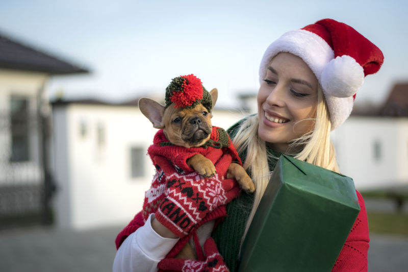 美女拿着圣诞礼品盒抱着可爱的小狗