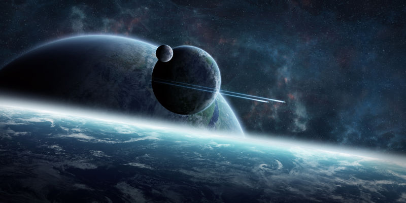 太空中的小行星划过地球