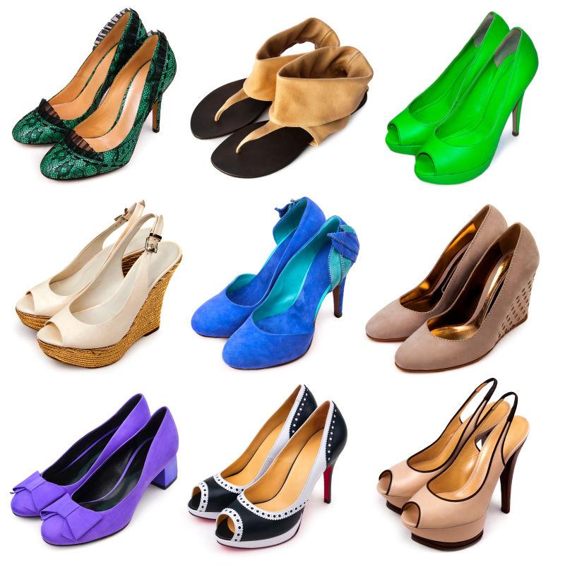 白色背景下9件不同颜色的女鞋