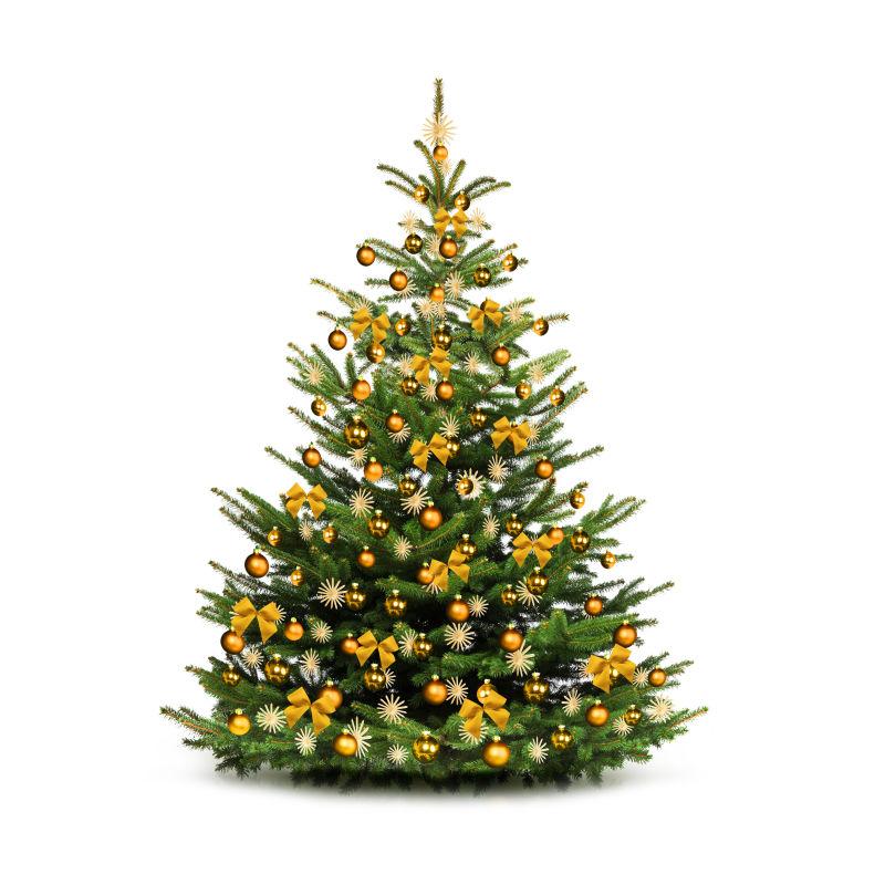 白色背景上挂着黄色装饰球和蝴蝶结的圣诞树