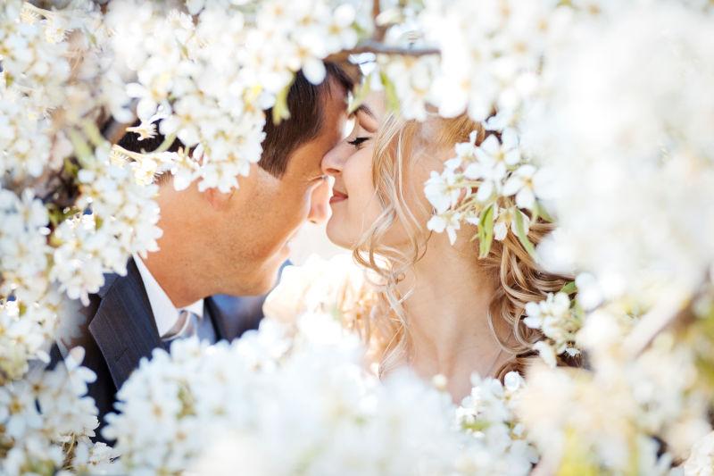情侣在花朵边亲吻