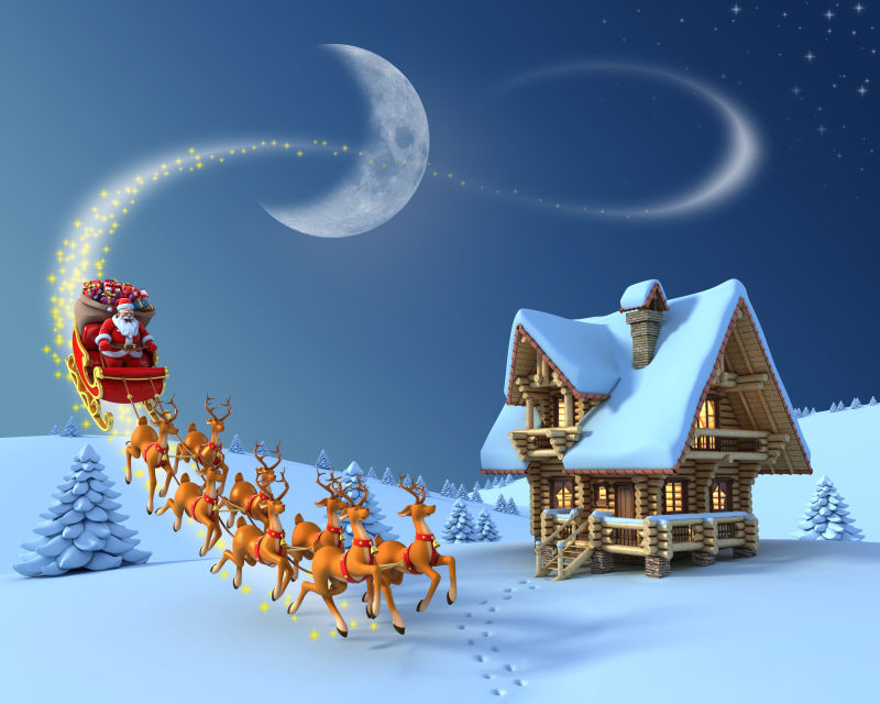 圣诞老人乘坐驯鹿雪橇在木屋前