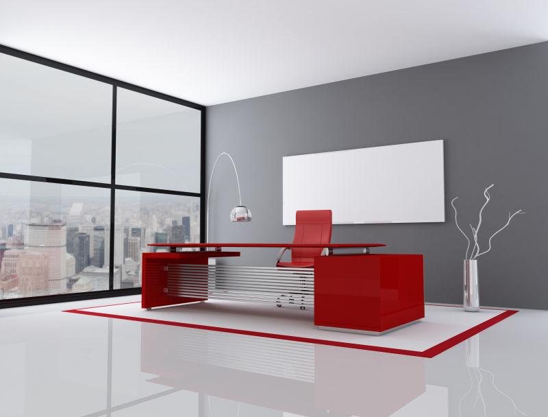 红色和灰色装饰的办公室