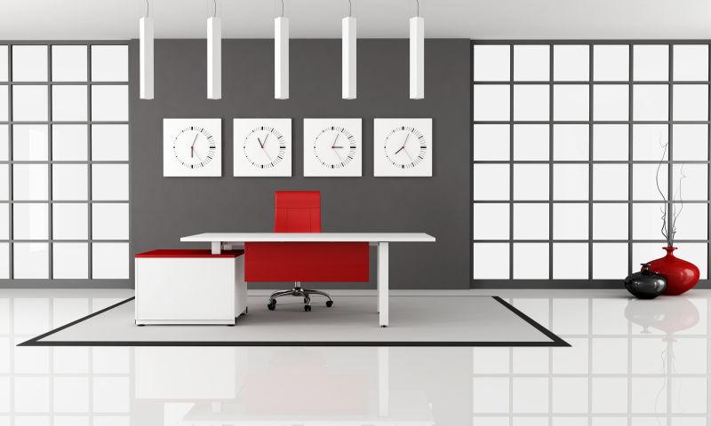 白色和红色装饰的极简主义的办公室