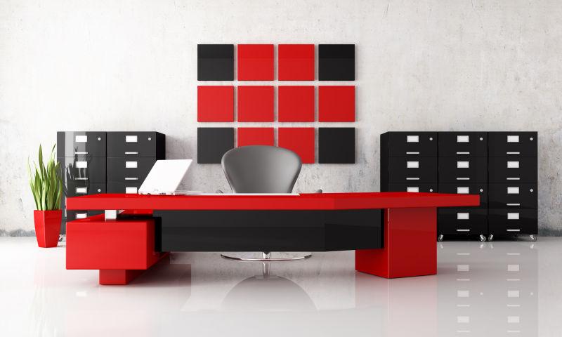 红色与黑色装饰的简约办公室