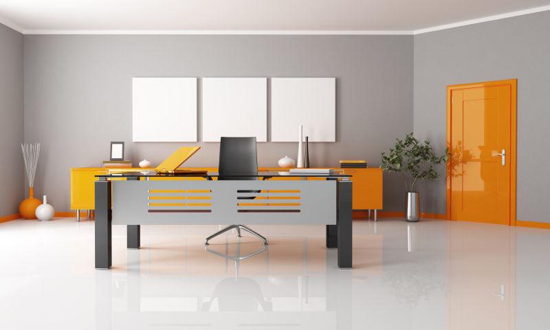 灰色背景下的简约橙色现代办公室
