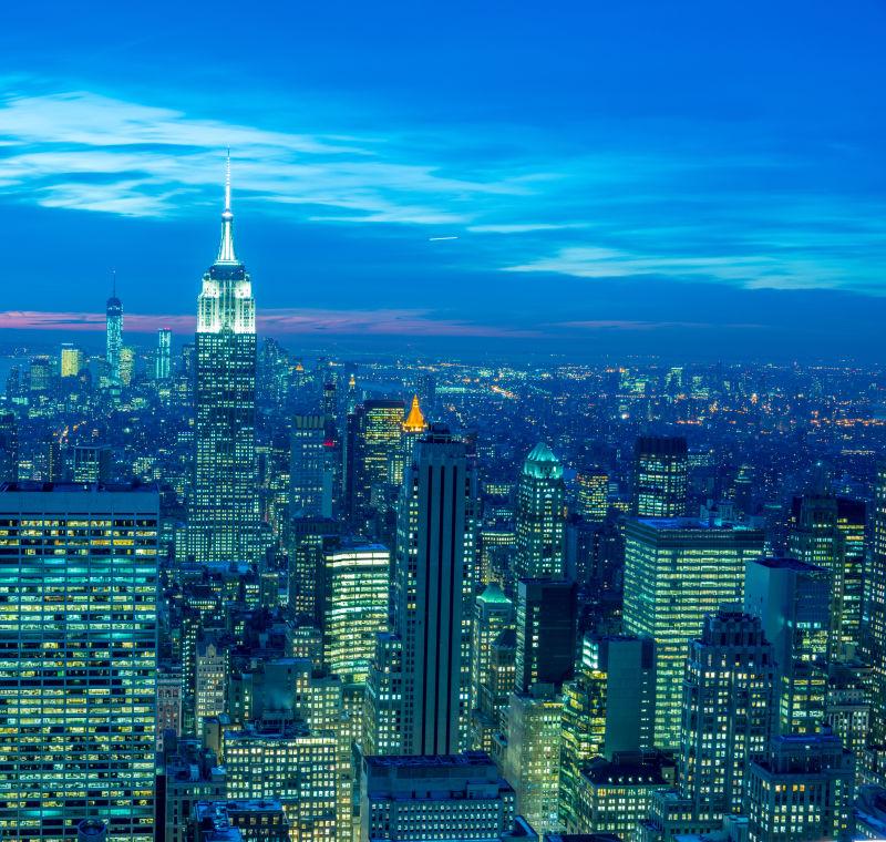 日落时分的纽约曼哈顿夜景