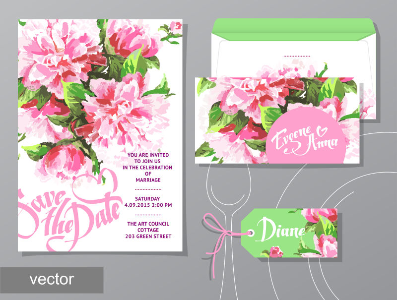 矢量手绘花卉图案的邀请卡设计