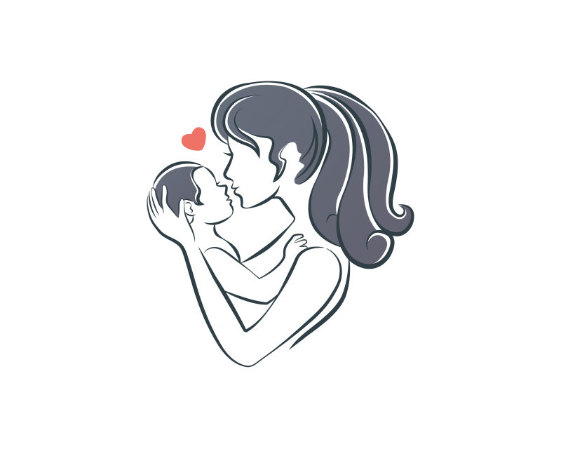 母亲亲吻婴儿的轮廓矢量插画