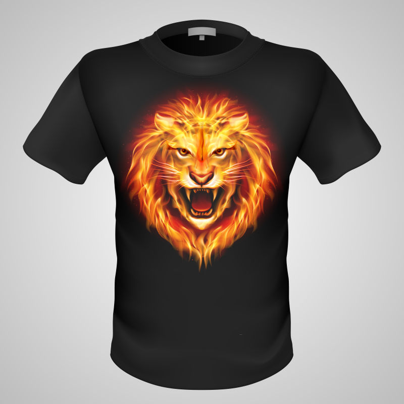 矢量冒火的狮子印花黑色男式T恤