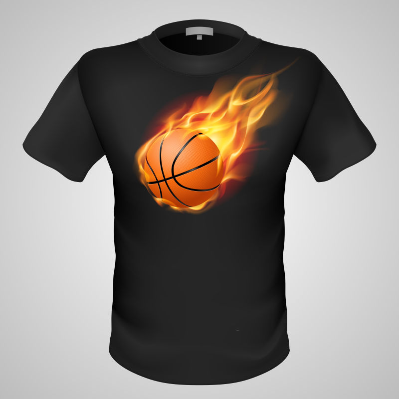 矢量有冒火的篮球球图案的黑色男式T恤