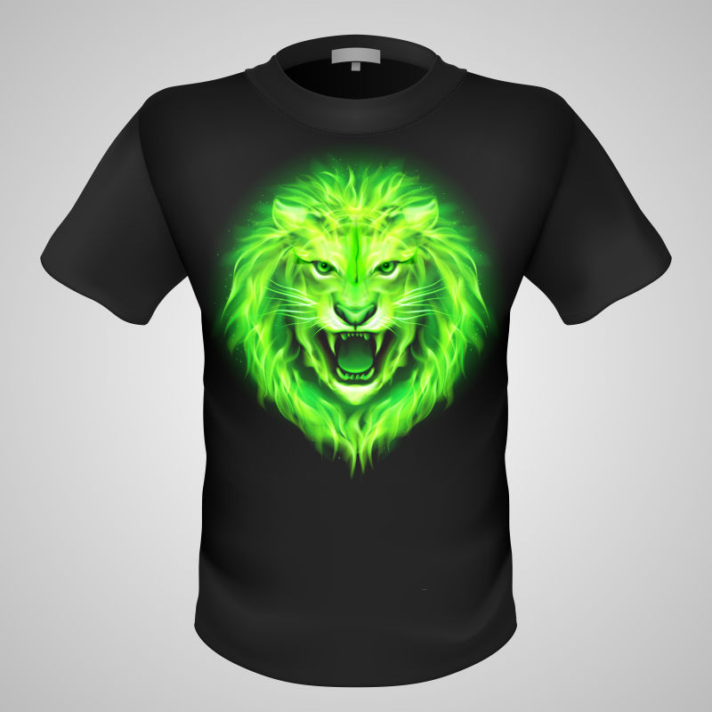 矢量绿色狮子印花黑色男式T恤