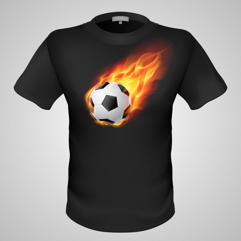 矢量有冒火的足球图案的黑色男式T恤