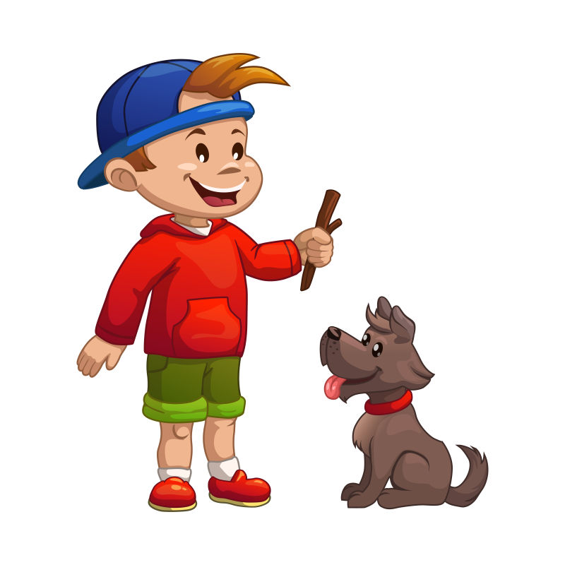 可爱的男孩和宠物狗矢量插画