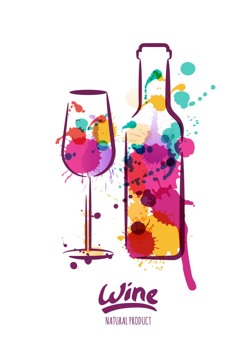 矢量水彩彩色酒瓶和酒杯的标志设计