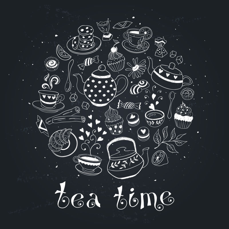 黑色背景下的饮茶文化矢量插画设计