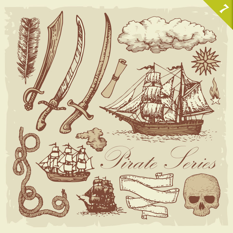 矢量创意手绘海盗主题插图设计元素