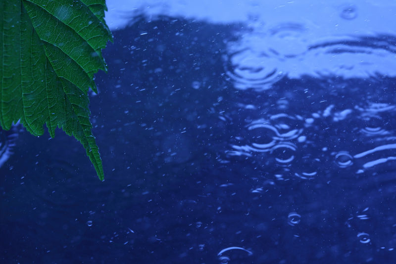 下雨天滴在蓝色水面上的雨滴