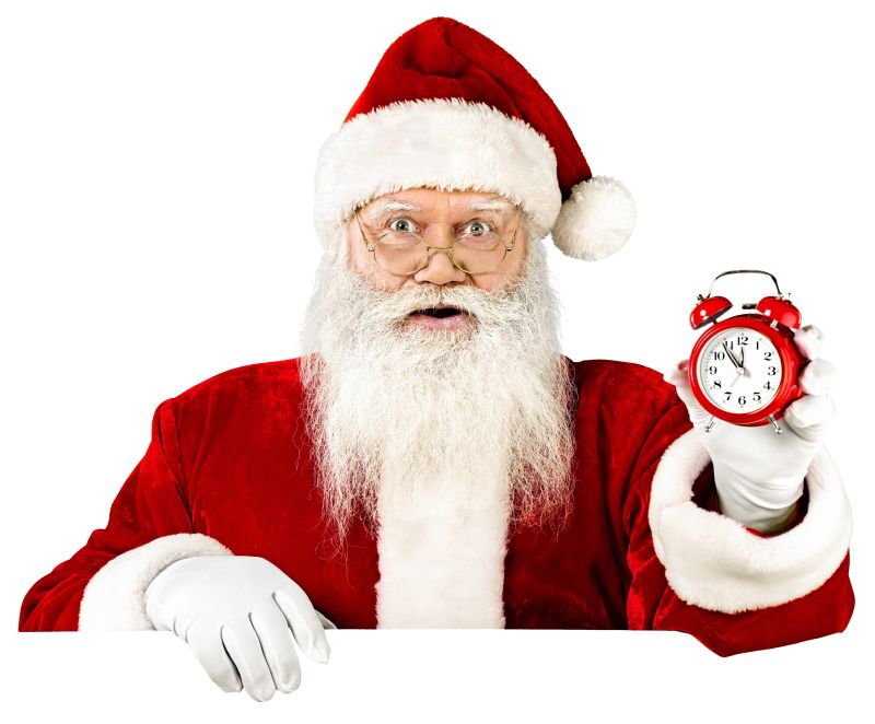 圣诞老人拿着闹钟摆出惊讶的表情