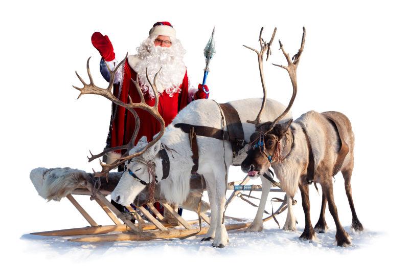 白色背景下的圣诞老人和他的驯鹿