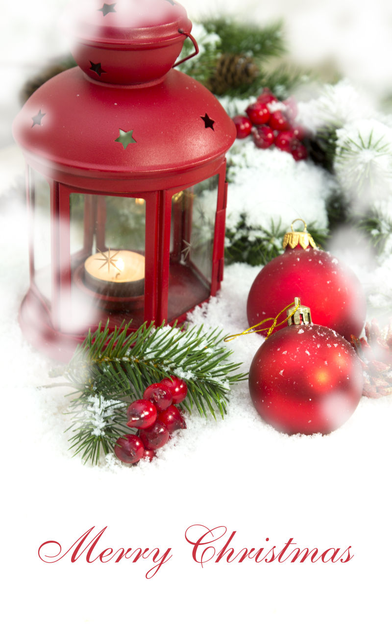 圣诞贺卡模板上的红色圣诞油灯和铃铛