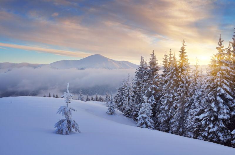 美丽的日出在山上的冬天