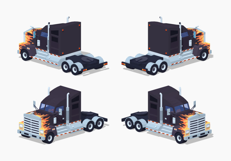 不同角度的黑色重型卡车矢量插图