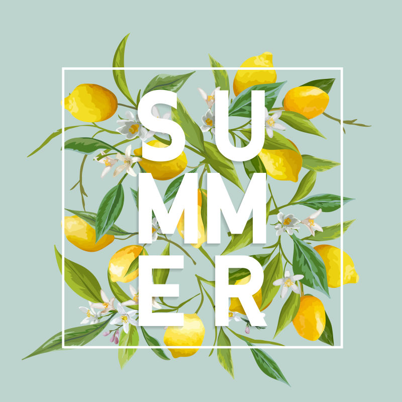 创意矢量柠檬元素的夏日热带背景