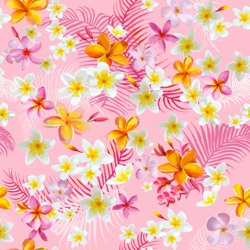 矢量粉色热带花卉树叶无缝抽象背景