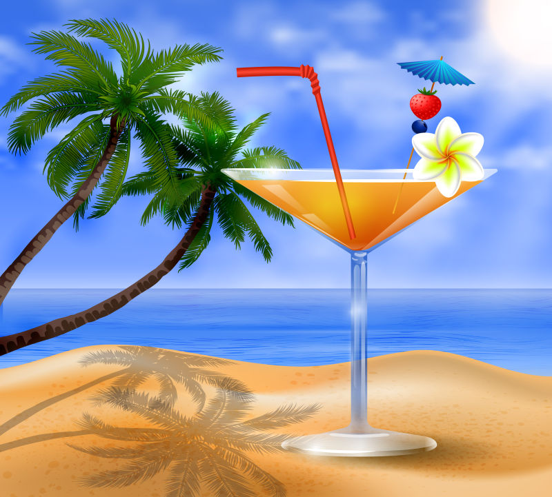 热带的棕榈树和橙汁矢量背景