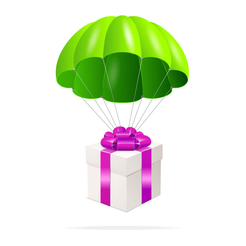 矢量带礼品盒的绿色降落伞