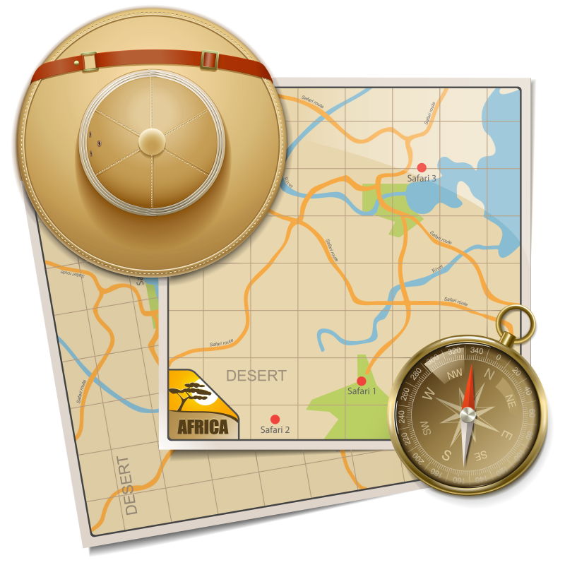 时间地图和探险帽矢量插图