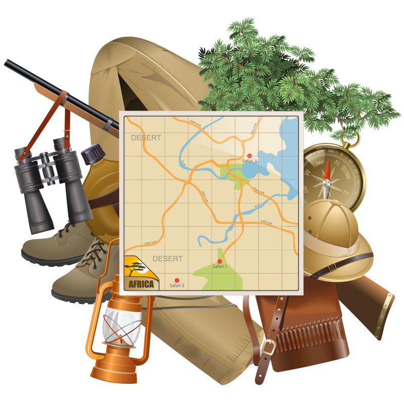 旅行地图和探险工具矢量插图