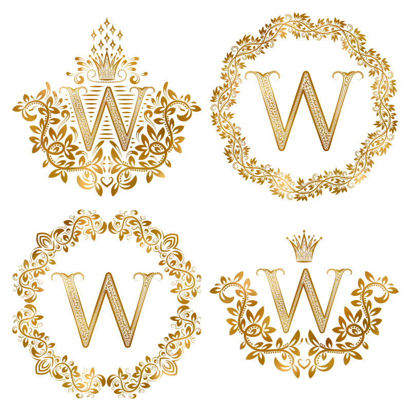 金色装饰字母W矢量