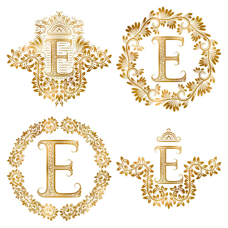 金色装饰字母E矢量