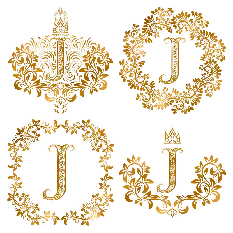 金色装饰字母J矢量
